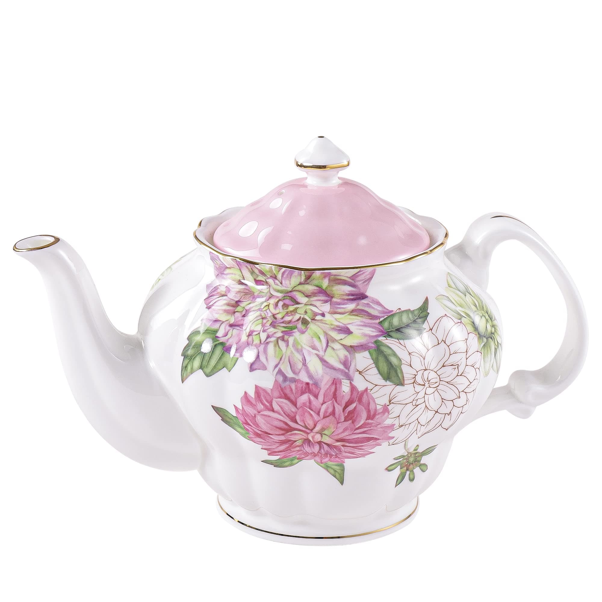 Bone China Teapot, English Teaset, Dahlia Floral Design with Golden Rim, 37 Oz
