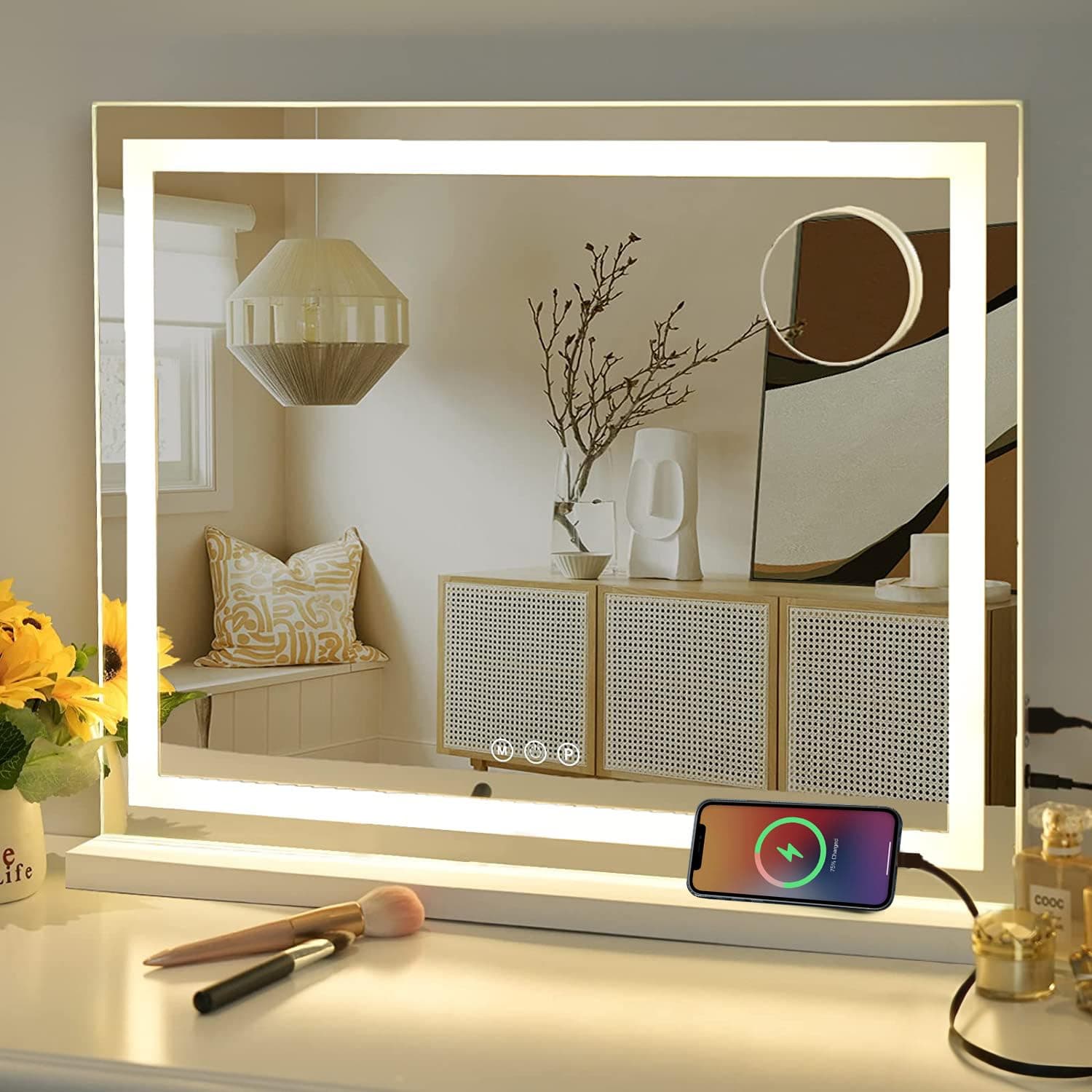 Sucedey 23" x 19" Vanity Mirror with Lights, Large Makeup Mirror with 3 Color Modes & Adjustable Brightness, Detachable 10x Zoom Mirror,Smart Touch Control,Plug in(Tabletop & Wall-Mounted)
