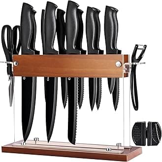 Kitchen Knife Set with Block 15 Pcs, Black Cooking Knives Set for Kitchen, Sharp Chef Knife Set for Cutting Meat with Sharpener and Scissors