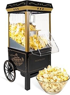 Vintage Hot-Air Popcorn Maker Machine - Makes Up to 12 Cups - Oil-Free - Healthier Popcorn - Classic Stand-Up Cart With Wheels - Includes Kernel Measuring Cup - Black