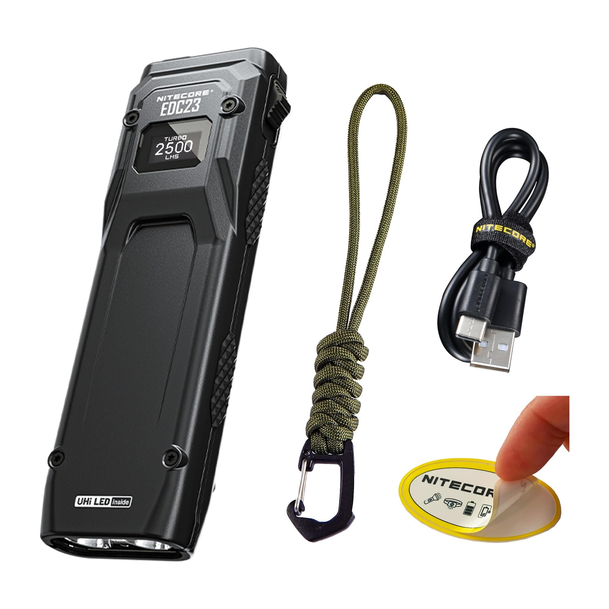 EDC23 EDC Flashlight, 2500 Lumen Ultra-Slim Flat Shape USB-C Rechargeable Fast Charging with Digital OLED Display, Mechanical Lock Switch