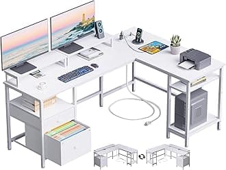 Furologee White 59” L Shaped Desk with Power Outlet, Reversible Computer Desk with File Drawer & 2 Monitor Stands, Corner Home Office Table with Storage Shelves for Gaming Writing