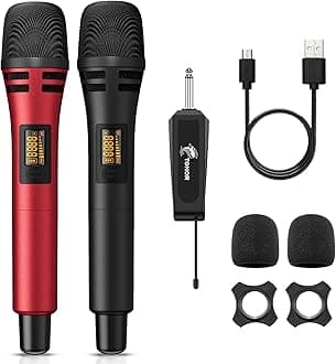 TONOR Wireless Microphones, Dual UHF Karaoke Microphone System, Microfonos Inalambricos with Rechargeable Receiver, Cordless Dynamic Mics Set for Singing, Wedding, Party, 200ft TW320, 2 Mics Black&Red