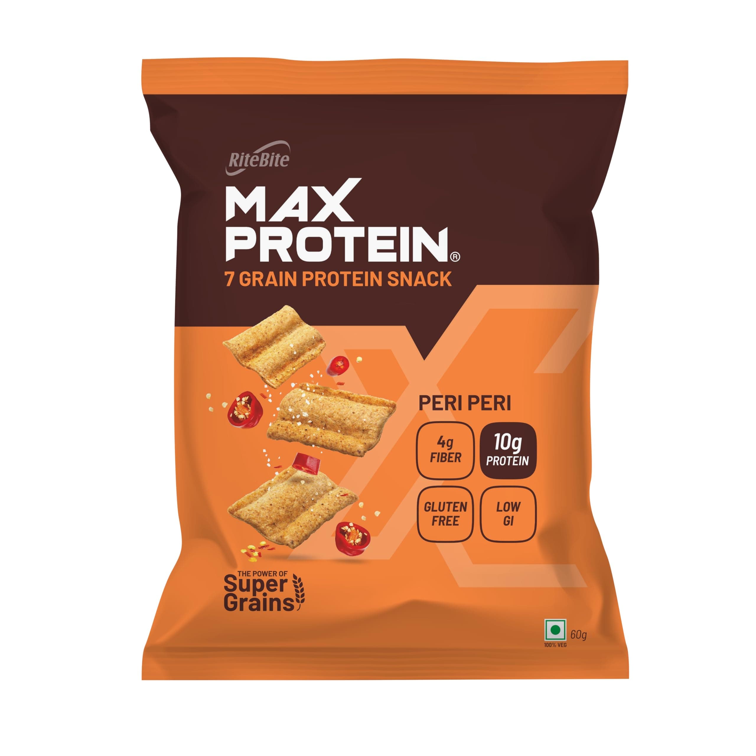 RiteBite Max Protein Chips Peri Peri | With 20g Protein, 8g Fiber, Low Gi, Gluten Free, Made with Sorghum, Quinoa, Oats, Ragi | No Preservatives, 100% Vegetarian, 60g