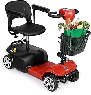 Folding 4-Wheel Mobility Scooter, Electric Power, Removable Basket, Fast Charging, Lightweight Aluminum Frame, Red
