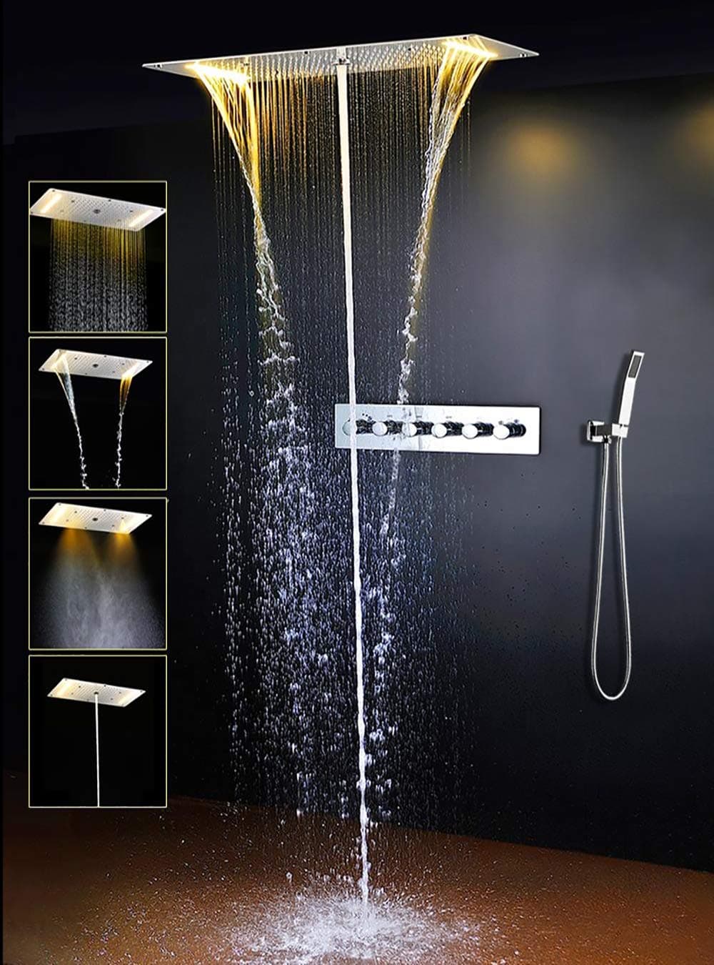 Cascada Vaticano LED Modern Shower System | Multi-Functions Shower head with Handheld Shower | Ceiling Mount | 15"x28" | 6-Knob Thermostatic Valve (15"x28", Matt Black)