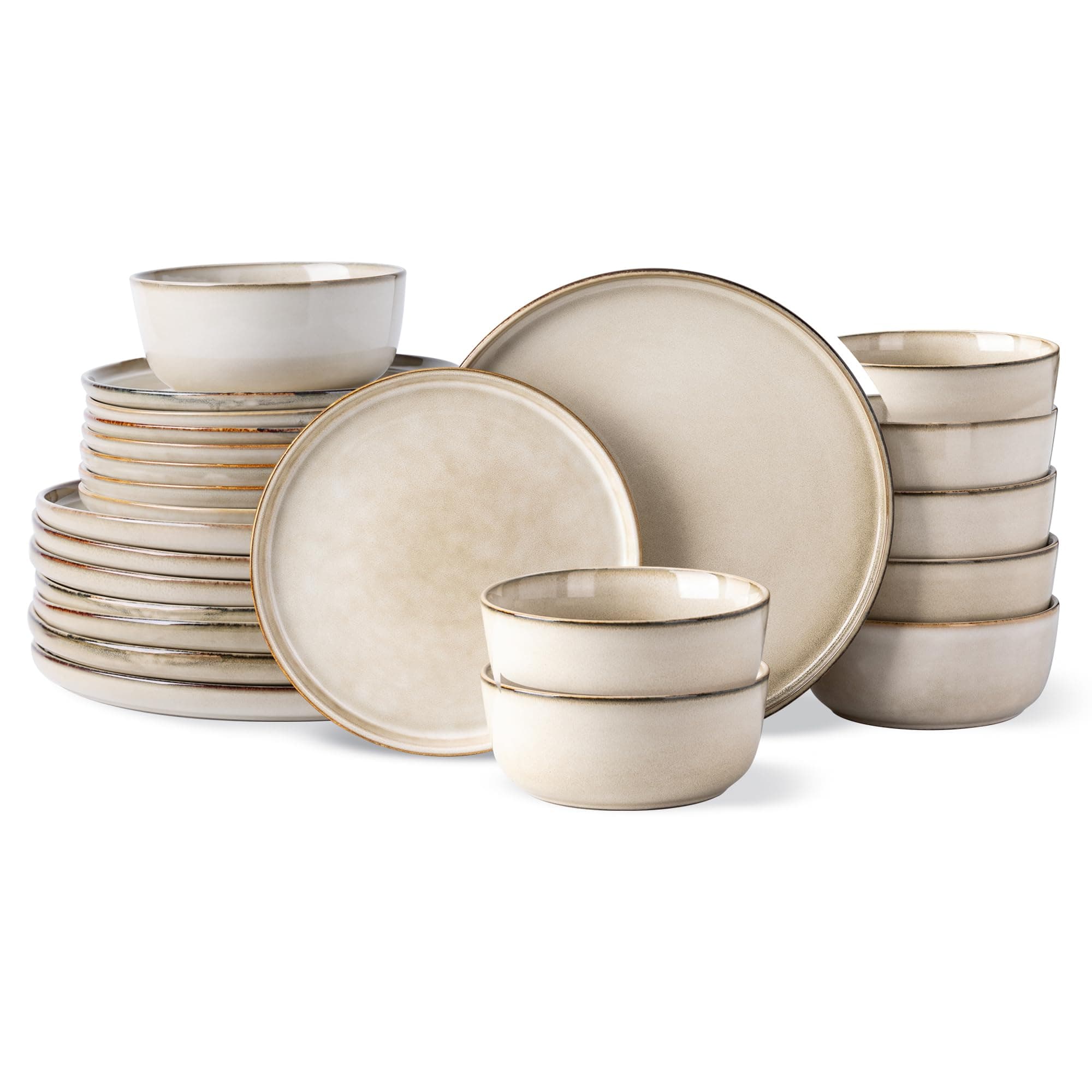GBHOME Ceramic Dinnerware Sets for 8, 24 Pieces Stoneware Plates and Bowls Sets, Chip and Scratch Resistant Dishes, Dishwasher & Microwave Safe, Reactive Glaze-Cappuccino