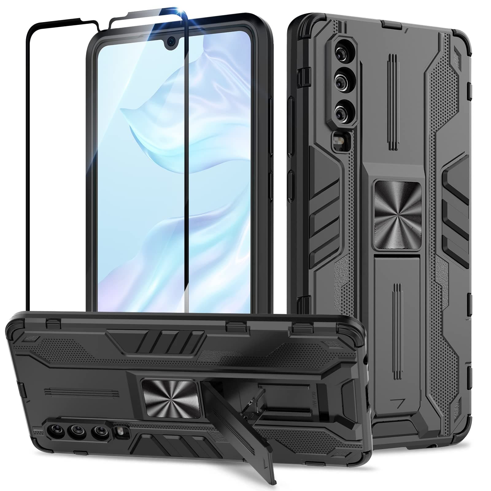 Btstring Case for Huawei p30 and Screen Protector Tempered Glass, Heavy Duty Shockproof Tough Armour Case with Stand Protective Personalised Phone Cover - Black