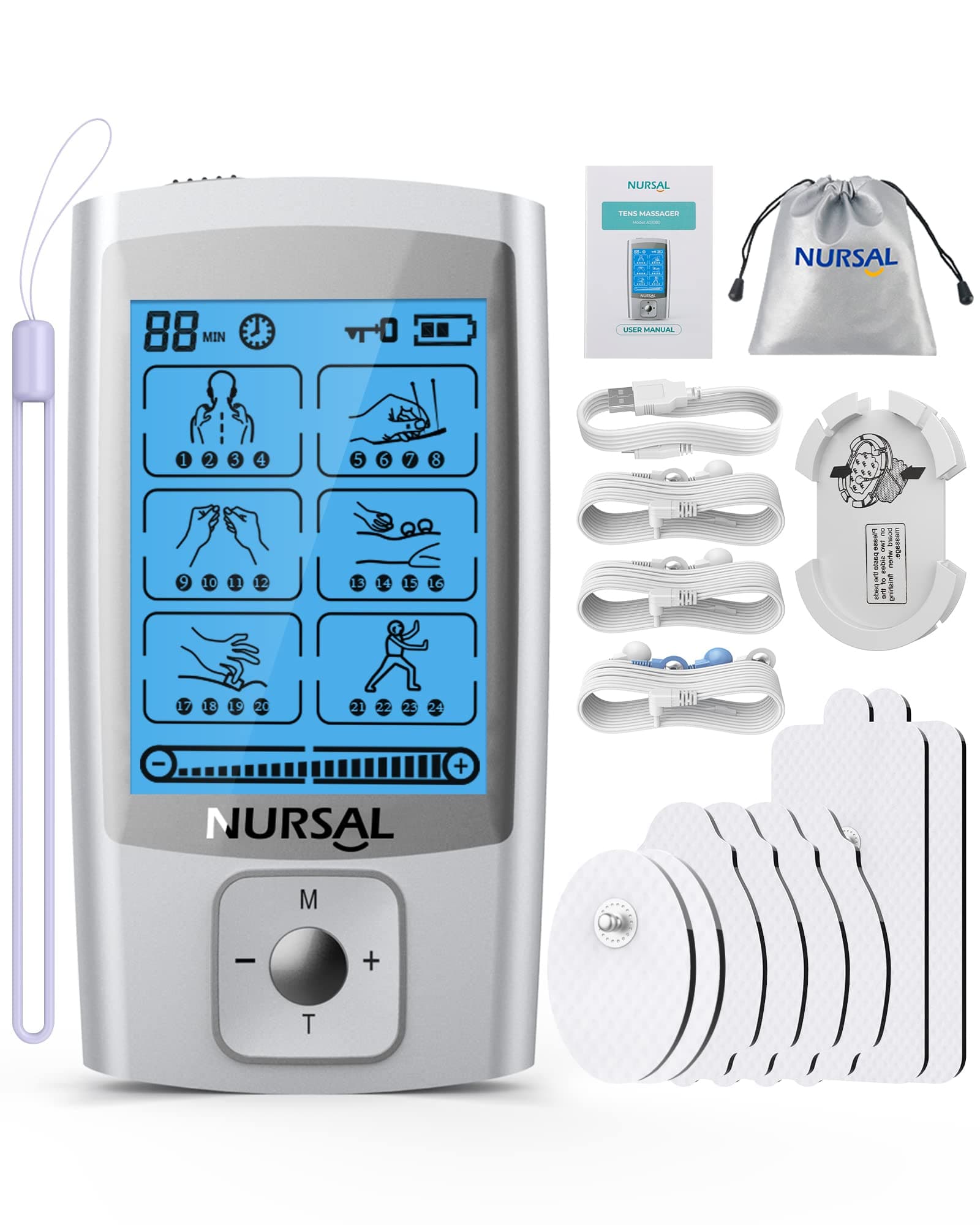 - NURSAL 24 Modes TENS Unit Muscle Stimulator with Continuous Stimulation, Rechargeable Electronic Pulse Massager with 8 Pads for Back and Shoulder Pain Relief and Muscle Strength (Silver)