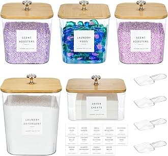 5 Pack Laundry Pod Containers and Dryer Sheet Holder for Laundry Room Organization Acrylic Jars with Lids and Labels for Laundry Detergent Laundry Pods Dry Sheet Organizing