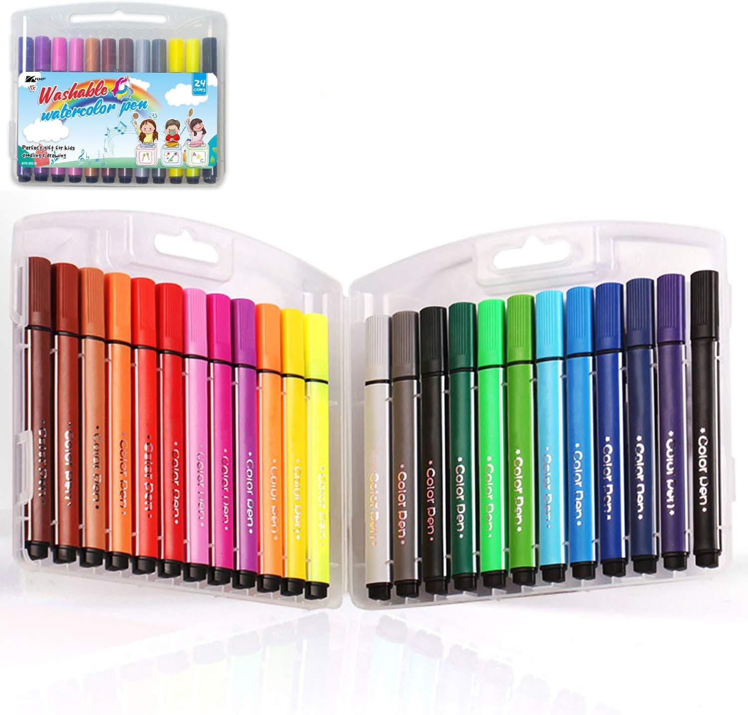 KXF Washable Felt Tip Colouring Pens Set for Children Non-toxic Thick Fibre Tip Chunky Pens with Case Box for Colouring Book Drawing Gift - 24 Assorted Colours - Ages 3 Years Plus