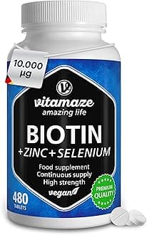 Biotin 10.000 mcg 480 Tablets (+1 Year Supply) with Selenium + Zinc, Hair Growth, Skin and Nails Nourishment, Vegan Easy to Swallow Tablets, German Quality, Vitamaze®