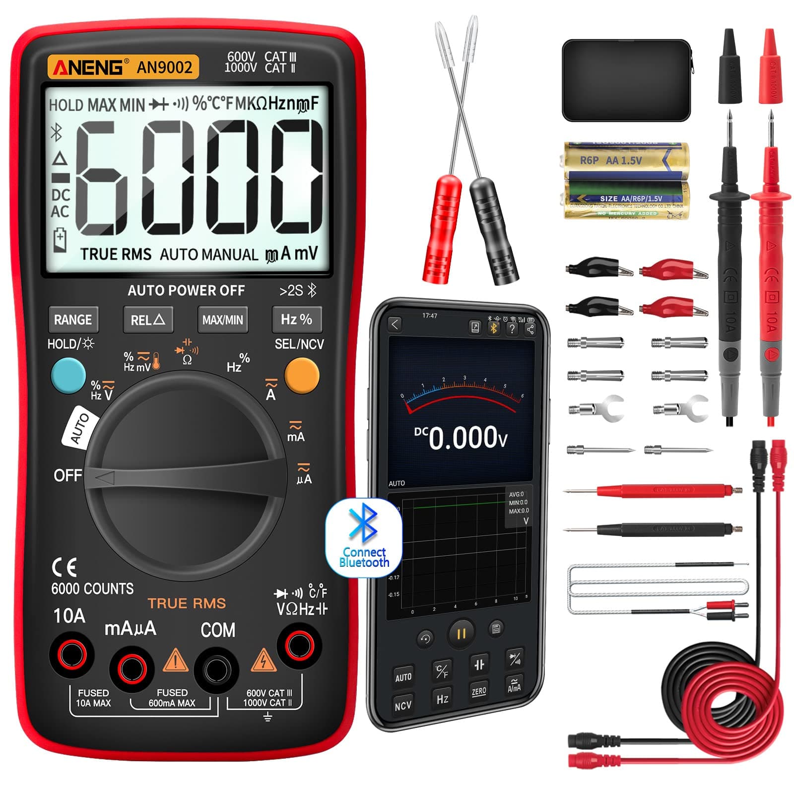 ANENG Bluetooth Multimeter Digital Tester Auto-ranging TRMS 6000 Counts Ohmmeter for AC/DC Voltage,Current,Resistance,Continuity,Capacitance,Diodes,Temperature Meansurement,Volt Meter for Automotive