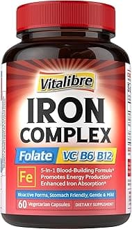 Iron Supplement for Women & Men, with Vitamins C, B6, B12 & Folate for Iron Deficiency, Blood Building & Energy Support, Stomach Friendly, Better Absorption, Non-GMO, No Gluten, 60 Vegan Caps
