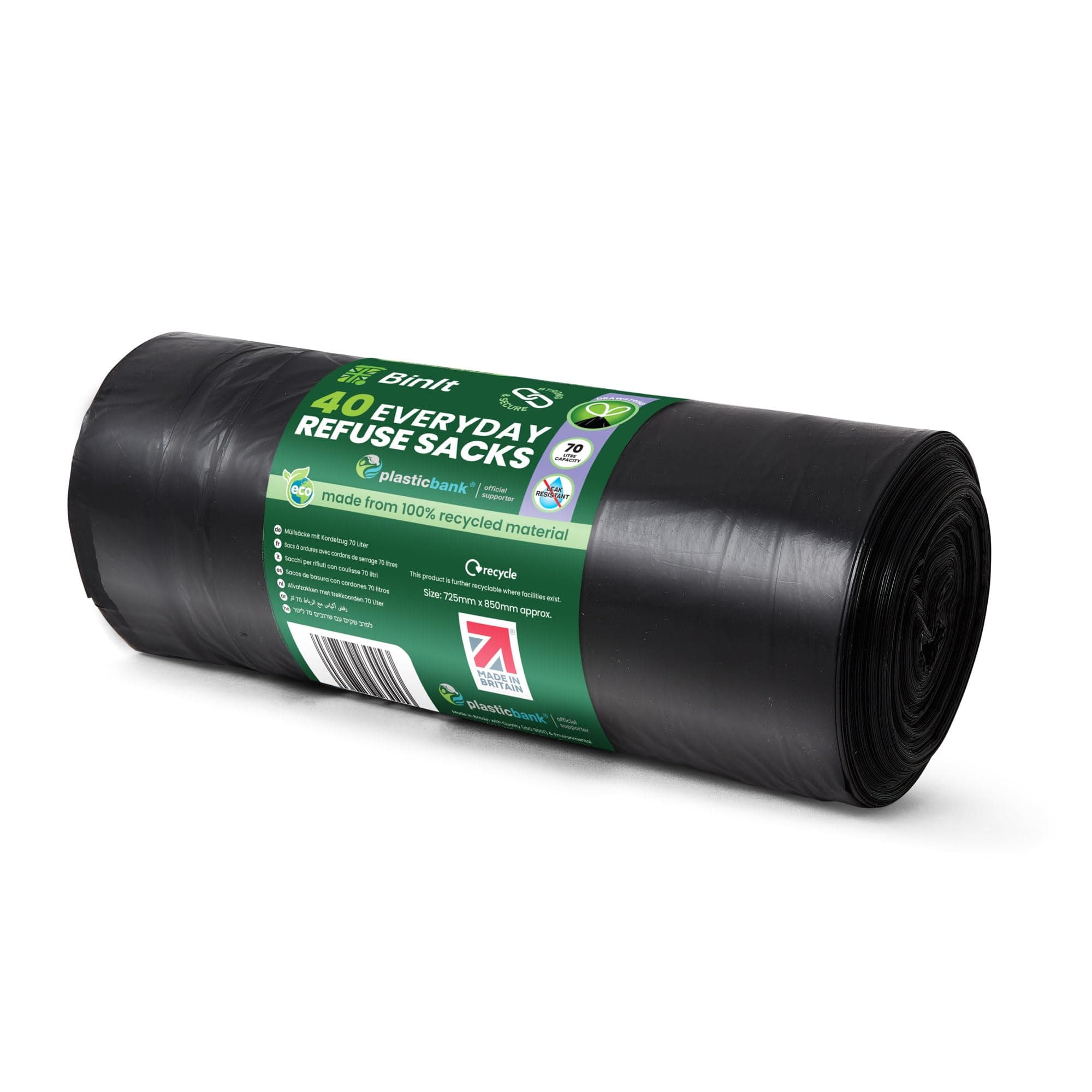 BIN IT 40 Drawstring, Everyday Refuse Sacks, Bin Bags, Bin Liners, 70 Litre, Recycled, Strong, Tear Resistant, 30 μm, Perfect for Everyday Use, Household, Office, Kitchen & Caterers