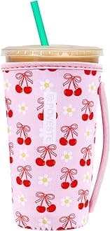 Reusable Neoprene Insulator Sleeve for Iced Coffee & Cold Soda, Coffee Sleeves for Iced & Hot Drinks, Cold Beverage Cooler Compatible with Starbucks, Dunkin (Cherry Bomb, Large: 32oz)