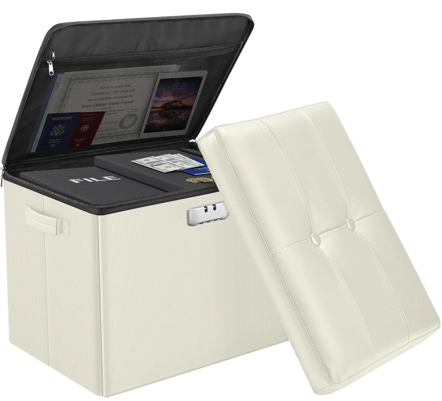 DocSafe Storage Ottoman with Lock,Fireproof&Waterproof 17 Inches Folding Storage Box with Handles Safe for Important Documents,Leather Storage Ottoman Storage Chest for Living Room,Bedroom,Beige