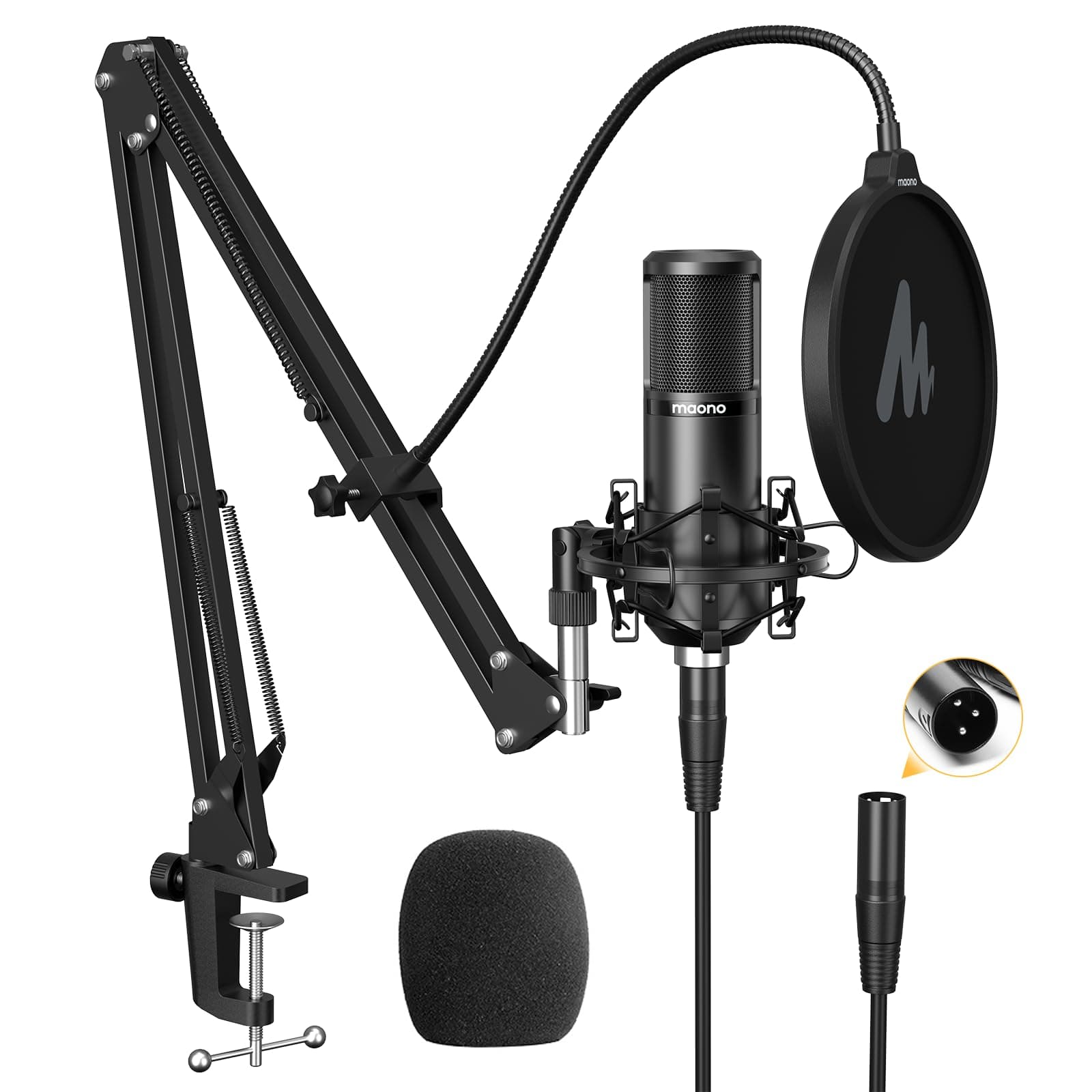 MAONO XLR Condenser Microphone Microphone Set Unidirectional Distribution with Arm Stand/XLR-XLR Cable for Audio System/Amplifier/Mixer for Music Making, Recording, Live Broadcast, YOUTUBE, Podcast
