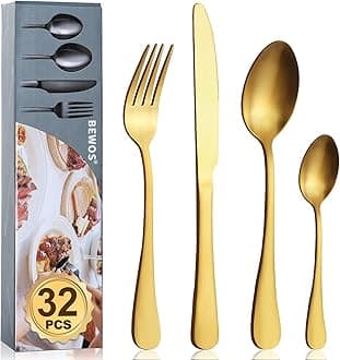 BEWOS Cutlery Set, 32-Piece Stainless Steel Matt Gold Flatware Set, Tableware Silverware Set with Spoon Knife and Fork Set, Service for 4, Dishwasher Safe/Easy Clean