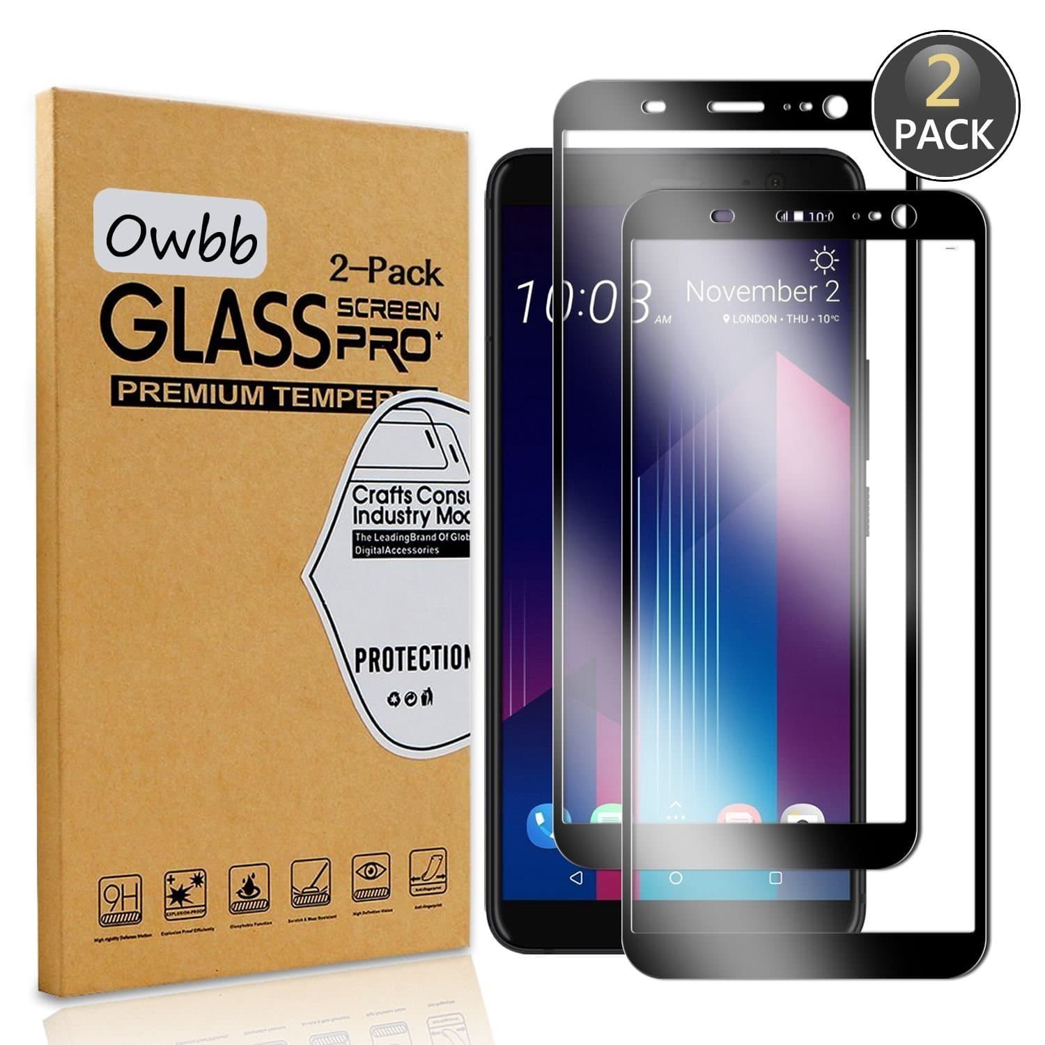 Owbb [2 Pack] Tempered Glass Screen Protector For HTC U11+ / U11 Plus Black Full Coverage Film 99% Hardness High Transparent Explosion-proof
