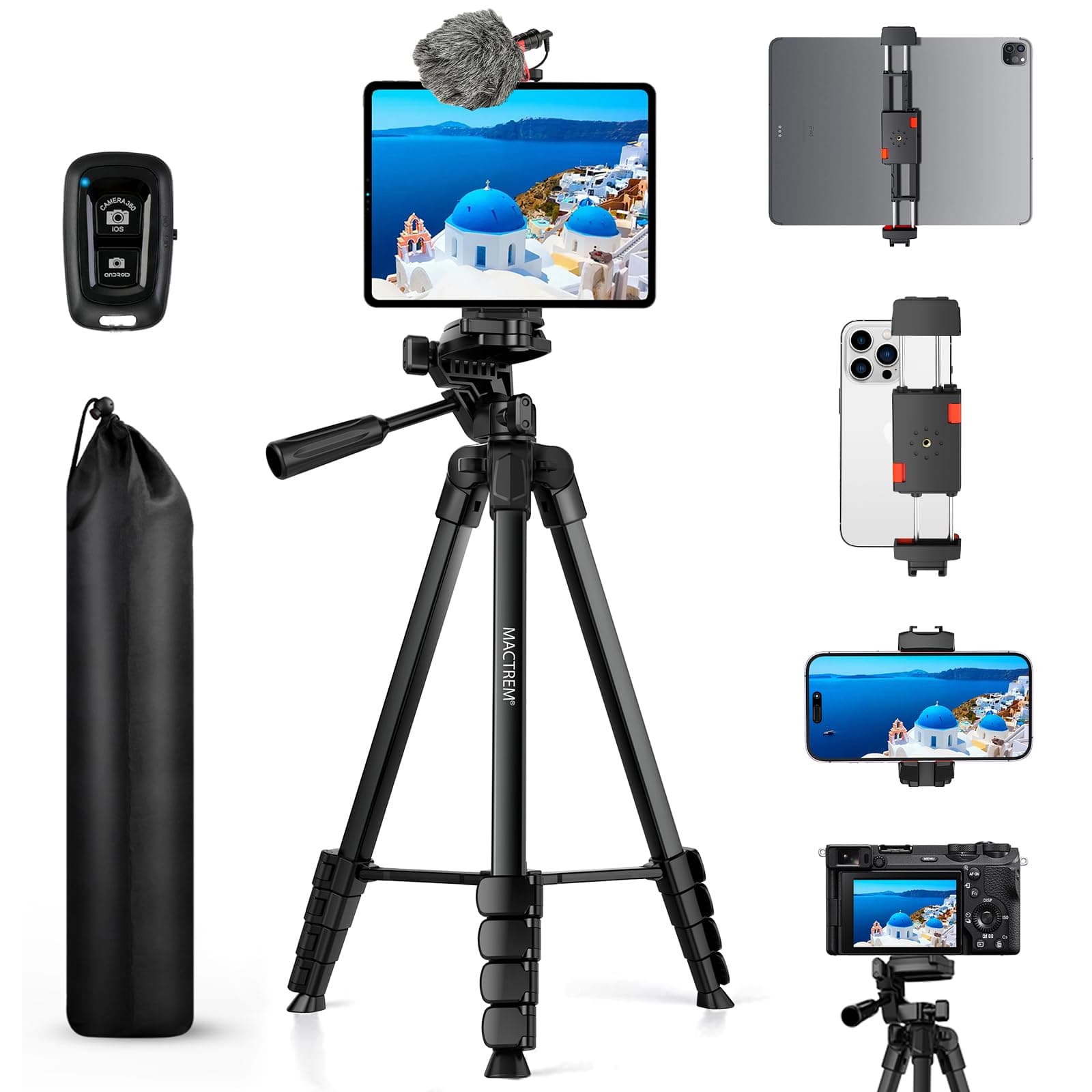 67" Phone Tripod, Tripod Stand for iPad iPhone Tablet Camera with 2 in 1 Mount & Wireless Remote, Aluminum Extendable iPhone Tripod for Video Recording/Selfies/Live Stream/Vlogging