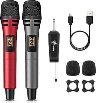 Wireless Microphones, Dual UHF Karaoke Microphone System, Microfonos Inalambricos with Rechargeable Receiver, Cordless Dynamic Mics Set for Singing, Wedding, Party, 200ft TW320, 2 Mics Grey&Red