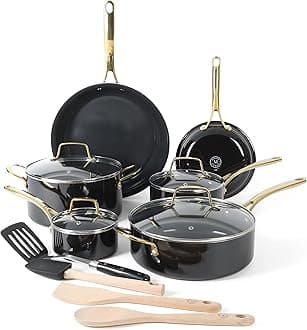14 Piece Non-Stick Heavy-Gauge Aluminum Cookware Combo Set (Pots, Pans, and Tools) - Black w/Gold Handles