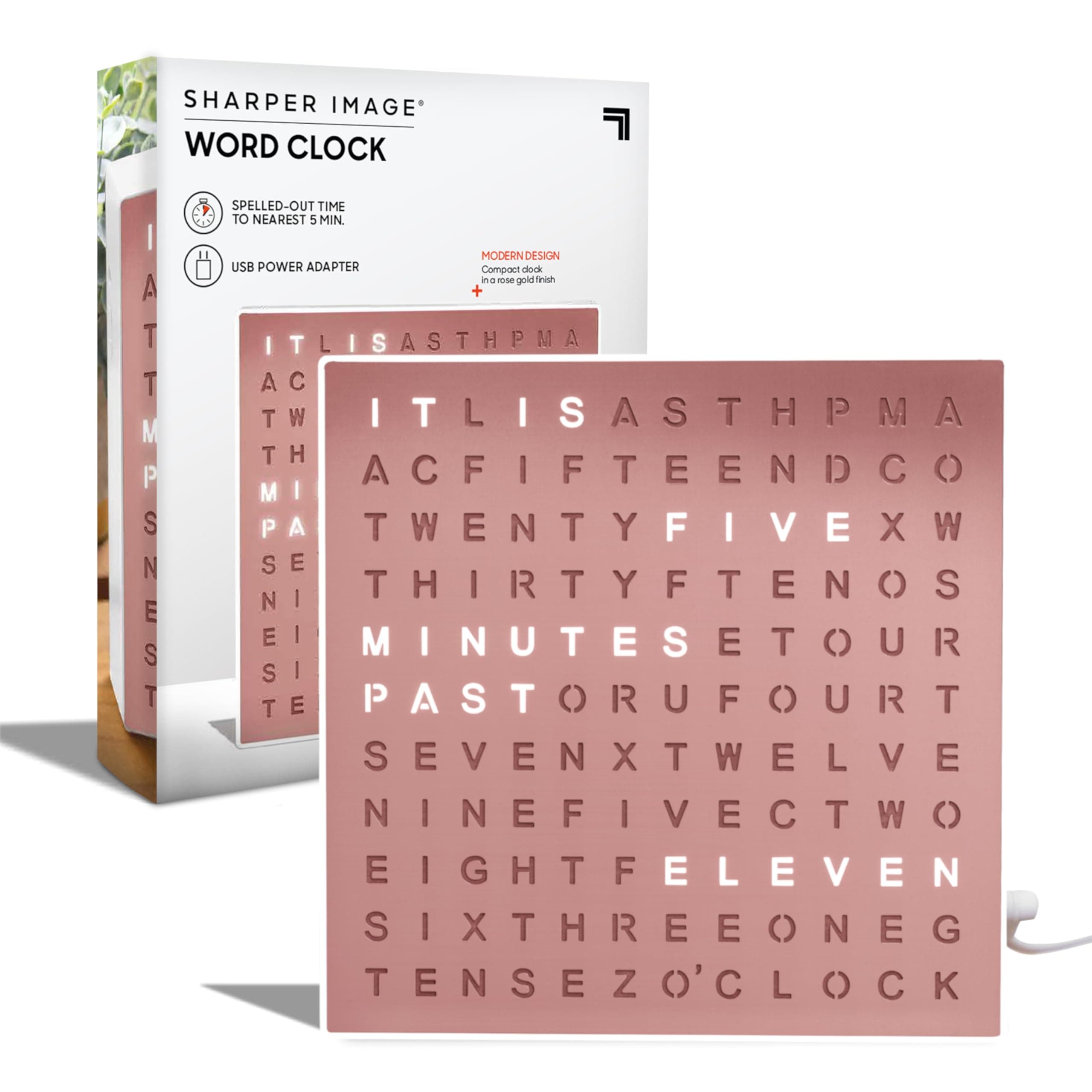 Word Clock with LED Light, Modern Design 7.75" Electronic Wall Clock or Computer, USB Cable and Power Adapter, Unique Contemporary Decor for the