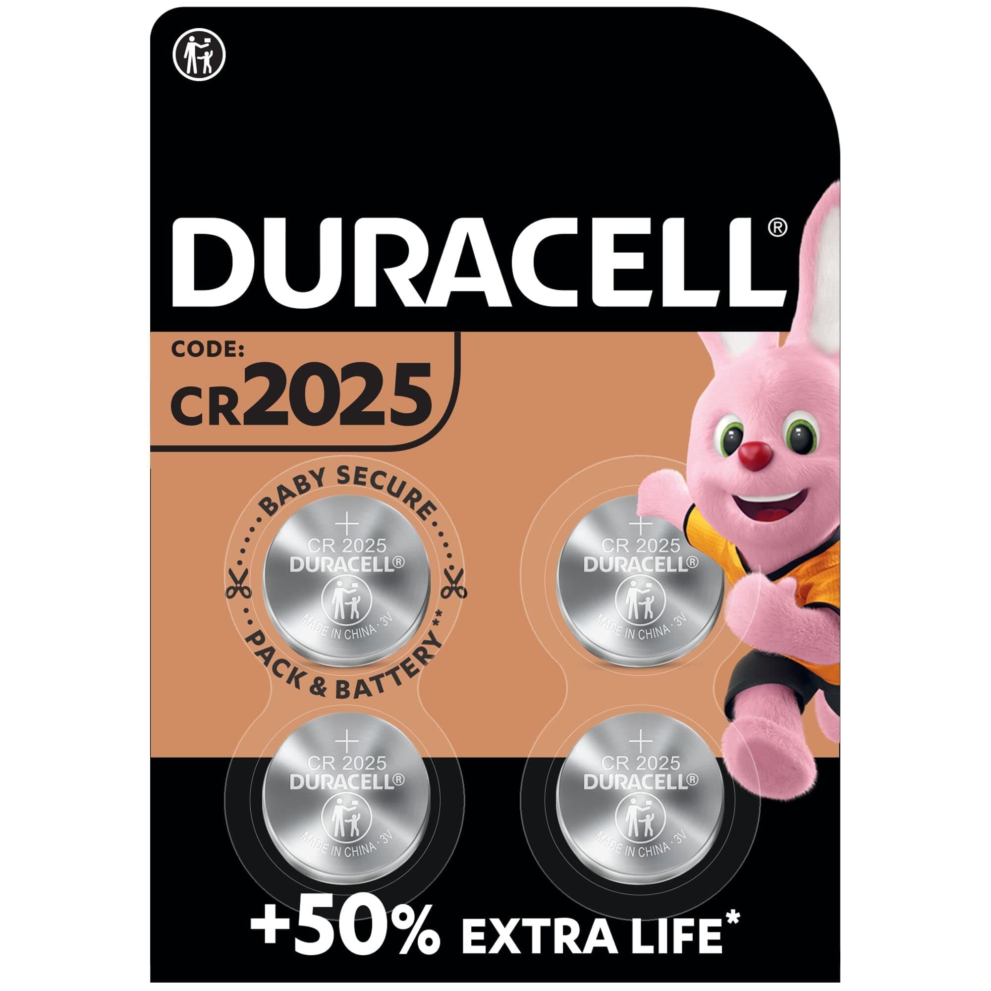 Duracell - 2025 3V Lithium Button Battery Pack of 4 with Baby Secure Technology for use on Magnetic Sensor Keys, Scales, Wearables (DL2025/CR2025)