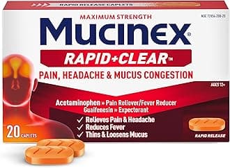Rapid Clear Maximum Strength Cold Medicine & Expectorant, Fever, Pain, Headache, & Excess Mucus Relief with Acetaminophen & Guaifenesin, Rapid Release Caplets for Adults, 20 Count