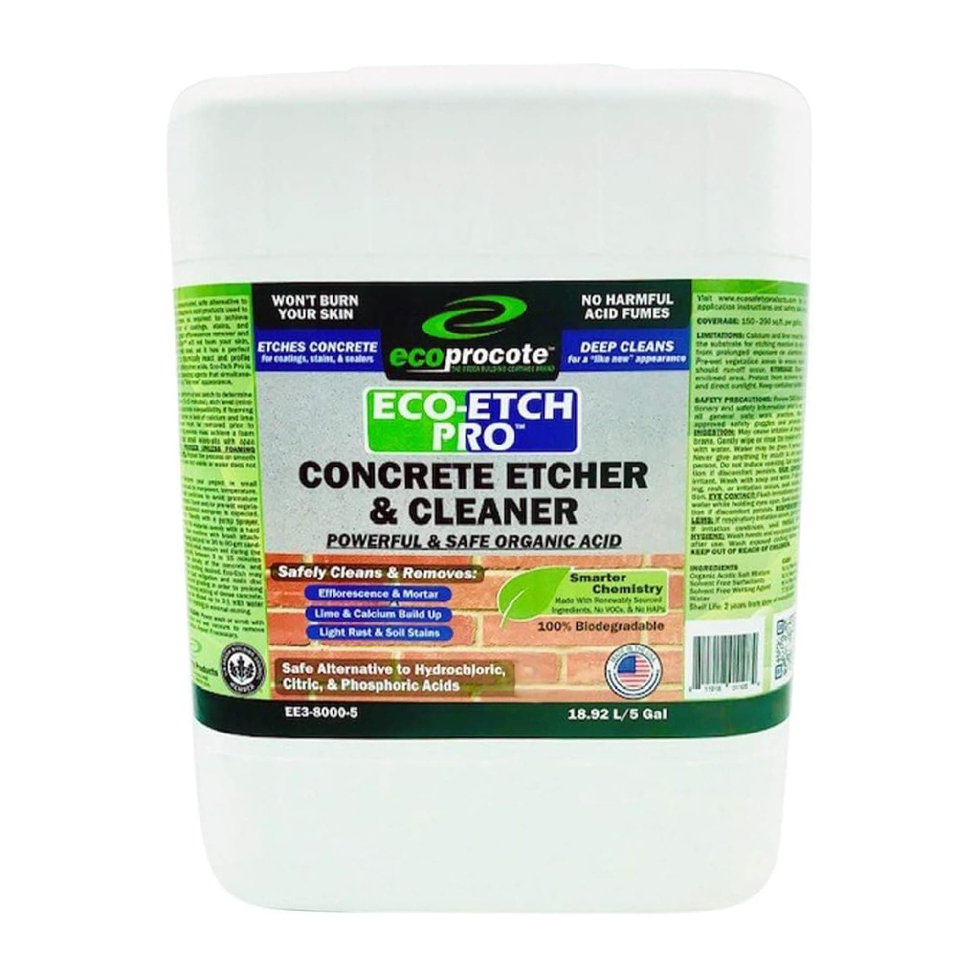Eco Etch Pro Concrete Cleaner & Etcher Dissolver - Efflorescence, Rust & Dirt Remover from Brick, Driveway, Garage - Gentle Substitute for Citric Acid - Non-Toxic & Safe - 5 Gallon