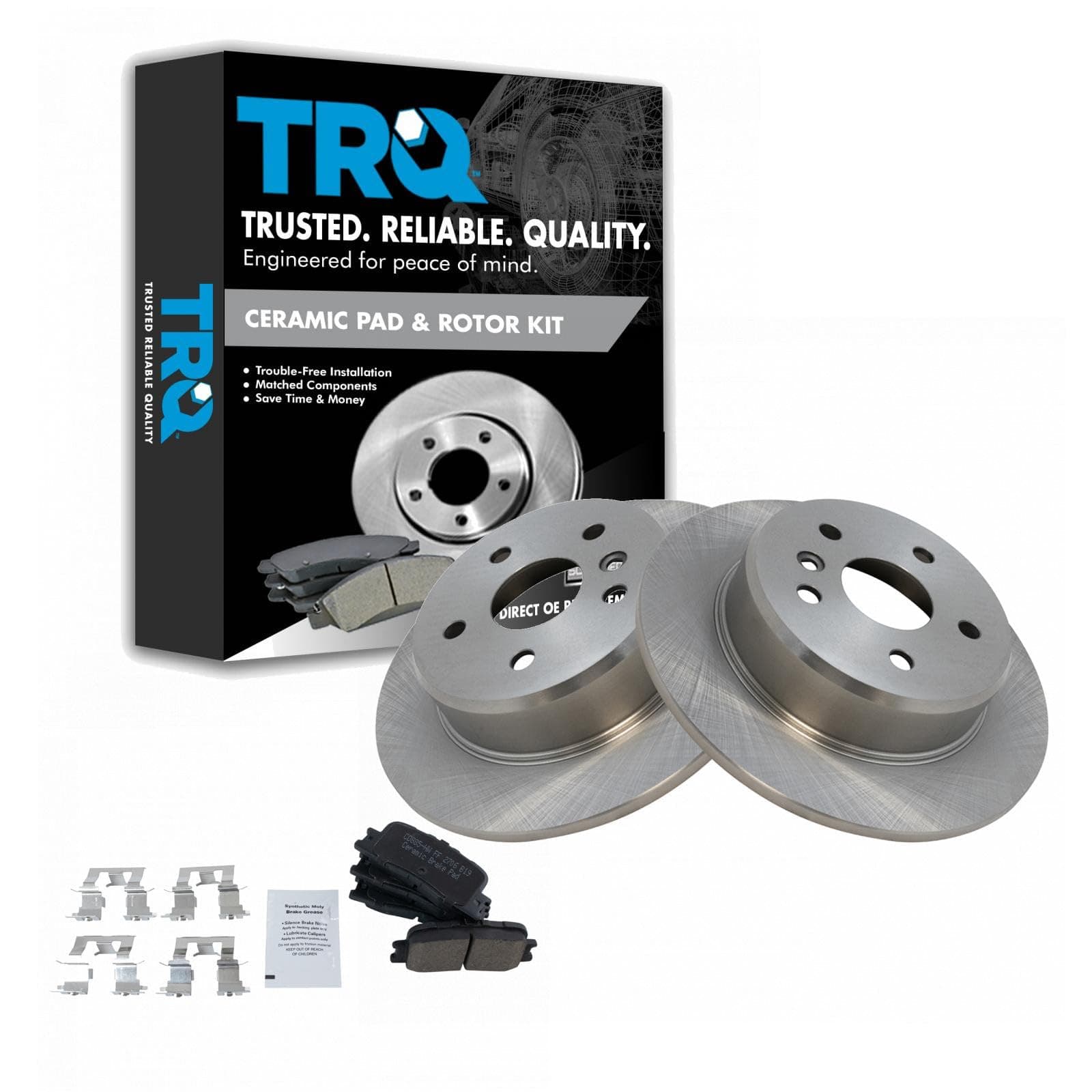 TRQ Rear Brake Pad and Rotor Set Ceramic Solid Rotors Compatible with 2001-2003 Toyota Highlander All Wheel Drive