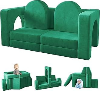 wanan Kids Couch 10PCS, Modular Kids Play Couch for Playroom Bedroom, 10 in 1 Multifunctional Kids Sofa for Playing, Creativing, Sleeping, Indoor Toddler Couch for Boys and Girls (Green)