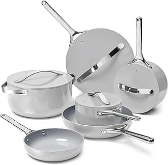 Deluxe Non-stick Ceramic Cookware Set (16 Piece) Pots, Frying Pans, Lids and Kitchen Storage - PFAS & PFOA Free - Oven Safe Pan Set & Compatible with All Stovetops - Gray