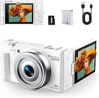 4K Digital Camera for Photography, 72MP Vlogging Camera for YouTube, Autofocus Digital Cameras with 270° Flip Screen, 18X Digital Zoom Point and Shoot Cameras with 64GB TF Card & Battery, Carry Bag