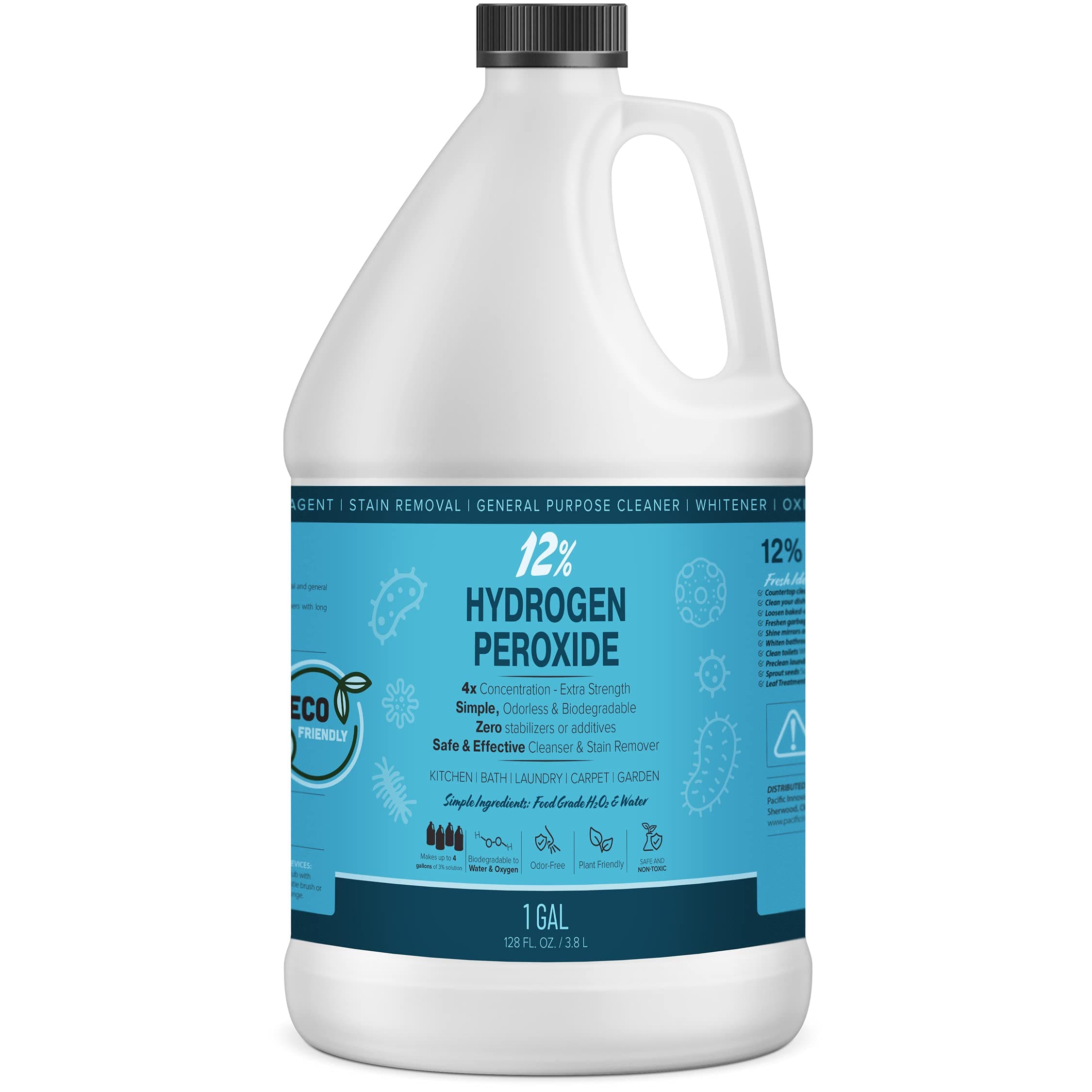 12% Hydrogen Peroxide Solution - 1 Gallon Ecofriendly Natural Cleaning Solution for Kitchen, Bath, Laundry, and Home - HDPE Jug with Child-Safe Cap Made in USA