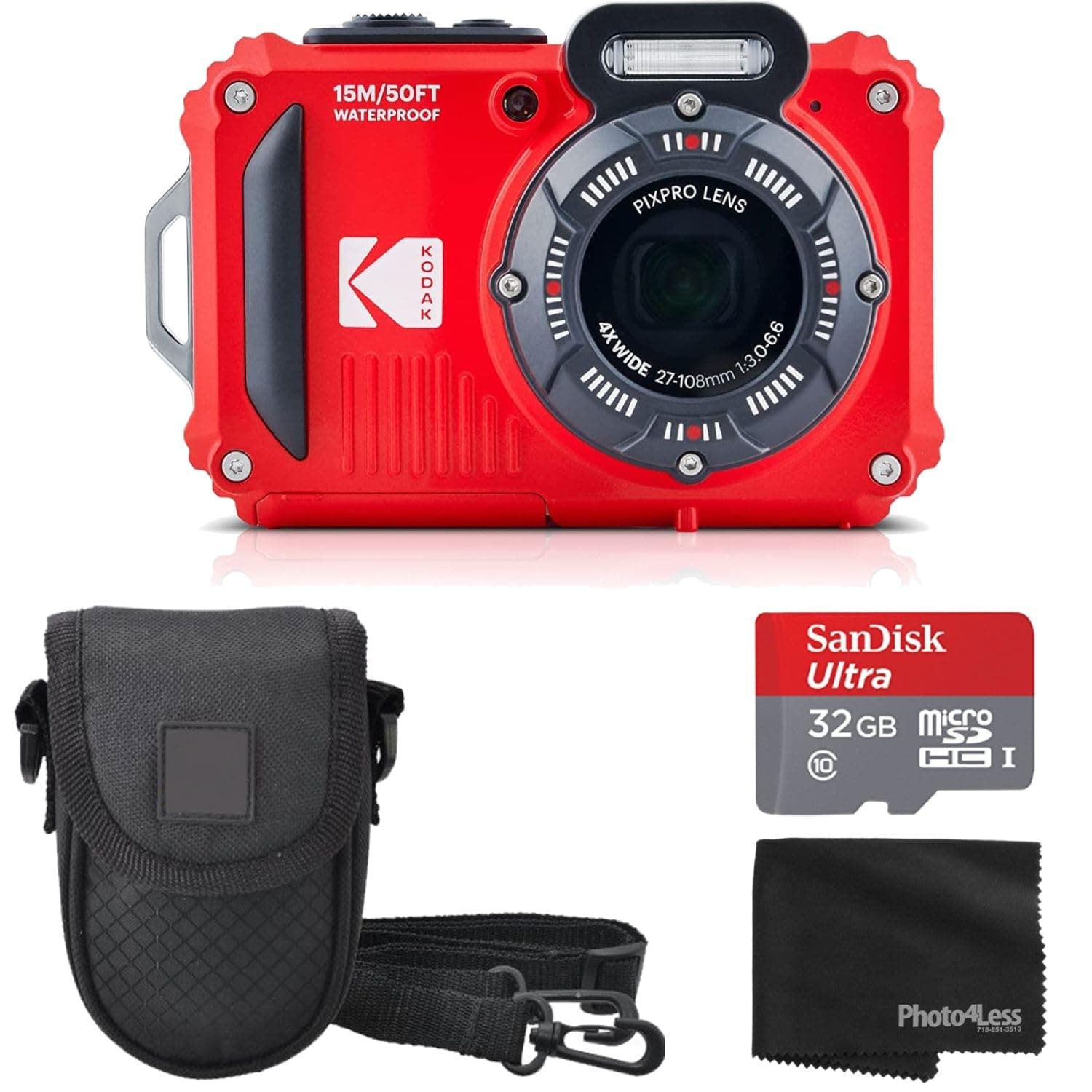 PIXPRO WPZ2 Rugged Waterproof Shockproof Digital Camera 16MP 4X Optical Zoom 1080P Full HD Video, 2.7" LCD (Red) Bundle with Camera Case, SanDisk 32GB microSDHC Card (4 Items)