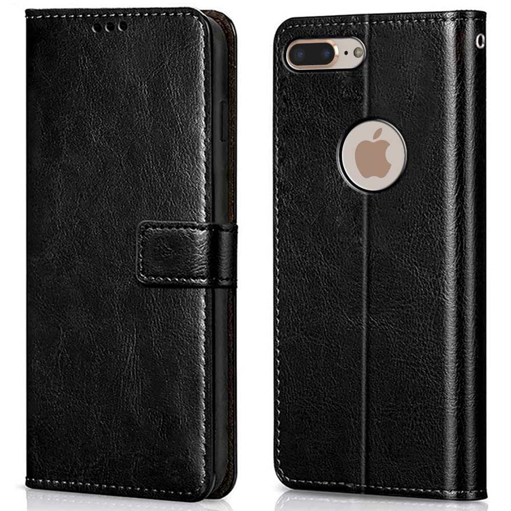 Shock Proof Flip Case Back Cover for Apple iPhone 7 Plus | 8 Plus (Flexible | Leather Finish | Card Pockets Wallet & Stand | Black)