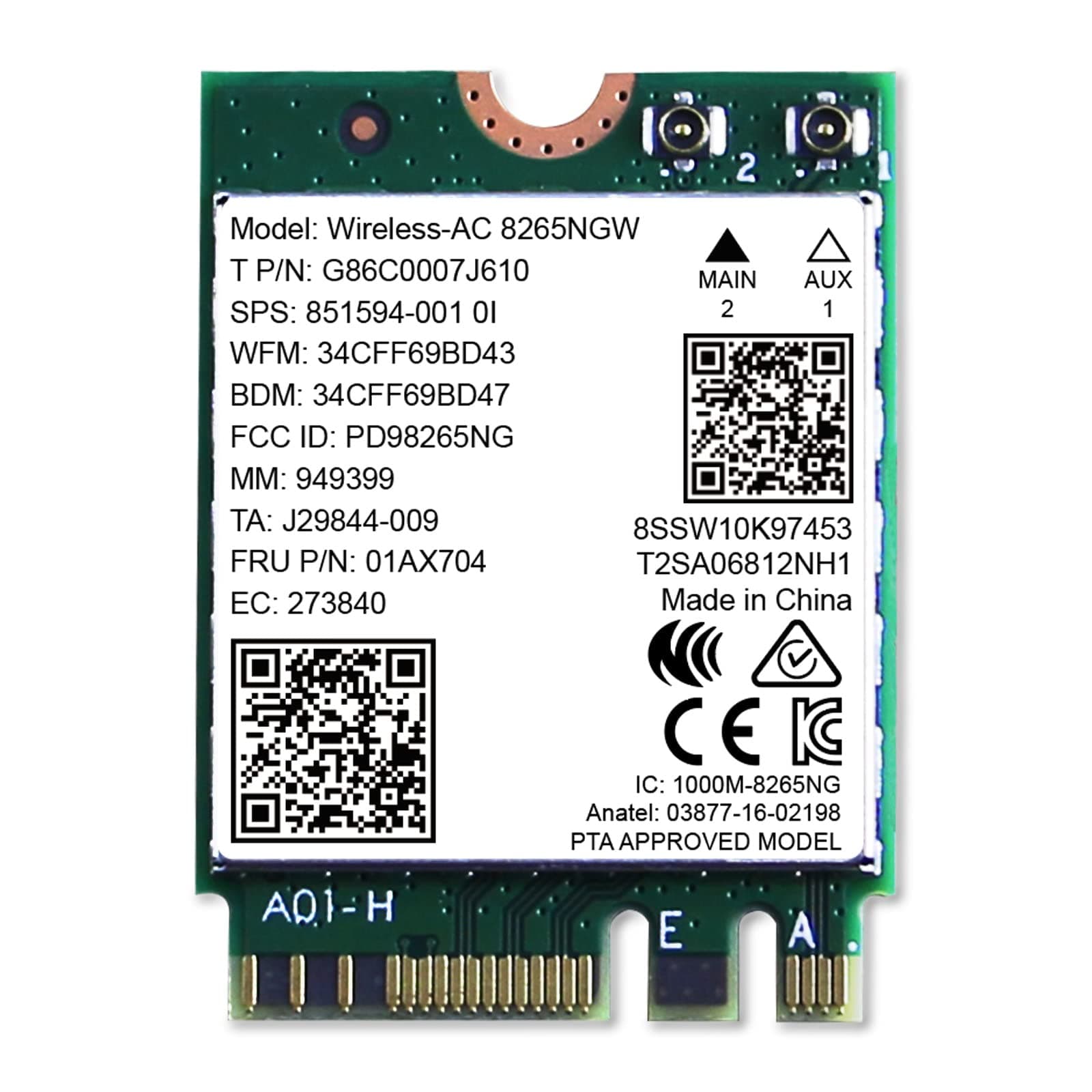 Wireless-AC 8265NGW 1200Mbps NGFF M2 Interface WiFi Adapter With Bluetooth 4.2 for Laptop PCs, 2.4GHz 300Mbps & 5GHz 867Mbps Network Card