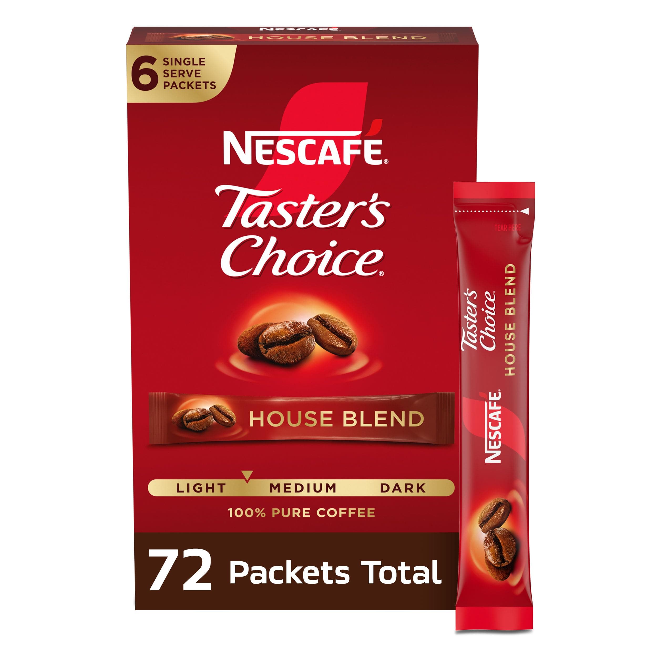NESCAFÉ Taster's Choice, Instant Coffee Packets, Light Medium Roast Coffee, House Blend, 12 Boxes (72 Packets)