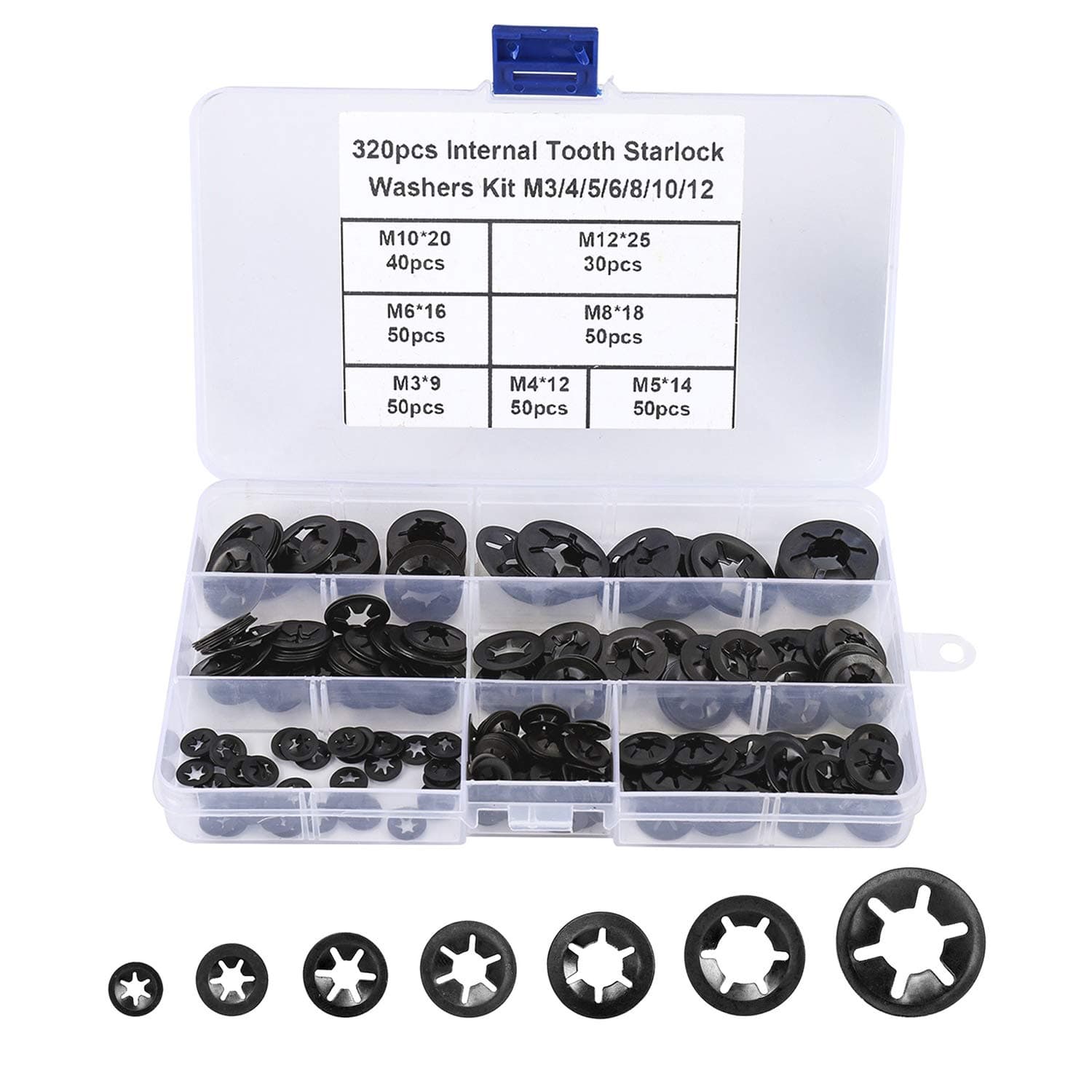 7 Sizes 320PCS Internal Tooth Starlock Washers, Quick Speed Locking Washers, Push On Speed Clips Fasteners Assortment Kit,65Mn Black Oxide Finish
