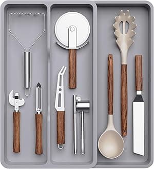 Lifewit Utensil Organizer for Kitchen Drawer, Expandable Cooking Silverware Tray, Adjustable Cutlery Flatware Holder, Plastic Spatula Tools Storage Divider, 14.4 x 15.8", Gray