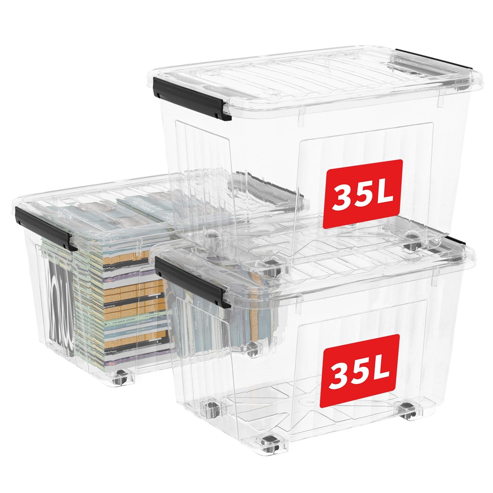 Cetomo 35L*3 Storage Box Storage Bin With Wheels Storage Container with Click Closure and Lid Stackable Transparent Organizer