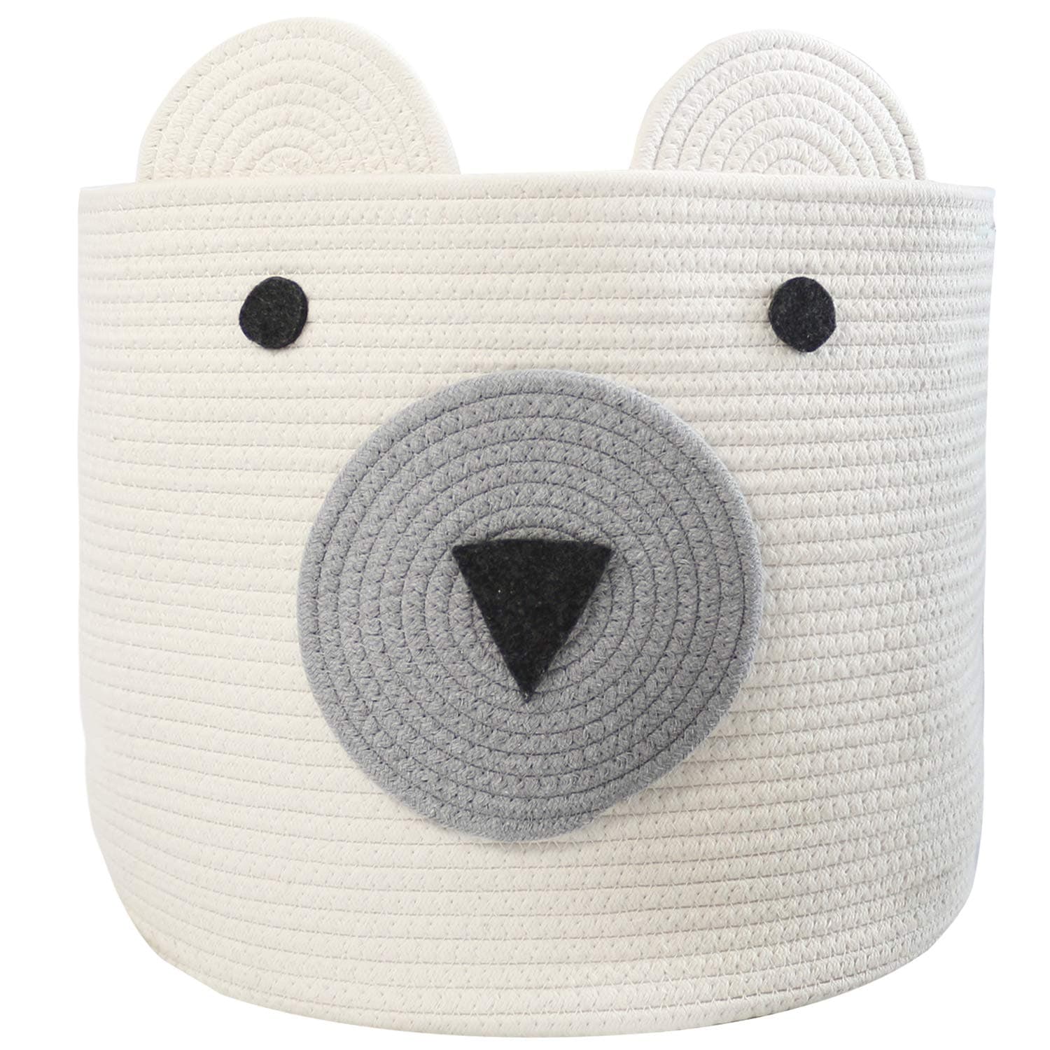 COMEMORY Cotton Rope Storage Basket with Cute Bear Design Foldable Woven Laundry Basket with Large Capacity Decorative Basket Organizer for Toys, Blanket, Towels, Clothes, 16"(D) x 14"(H)