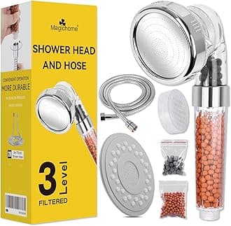 Magichome Shower Head and Hose 2m, 3 Modes High Pressure Filter Shower Head with 3-Layer Filtration, Universal Hard Water Filter Showehead for Low Water Pressure with Replaceable Beads