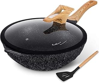 COOKLOVERChinese Wok Nonstick Die-Casting Aluminum Dishwasher Safe Scratch Resistant Pfoa Free Induction Woks and Stir Fry Pans with Glass Lid 12.6inch Black