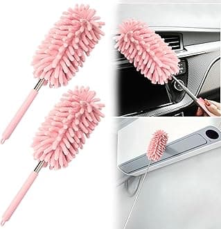 2Pcs Car Interior Duster with Extension Pole Soft Dash Vent Dusting Detailing Wash Brushes with Long Handle Duster Cleaner Tool New Car Must Haves Cleaning Supplies (Pink)
