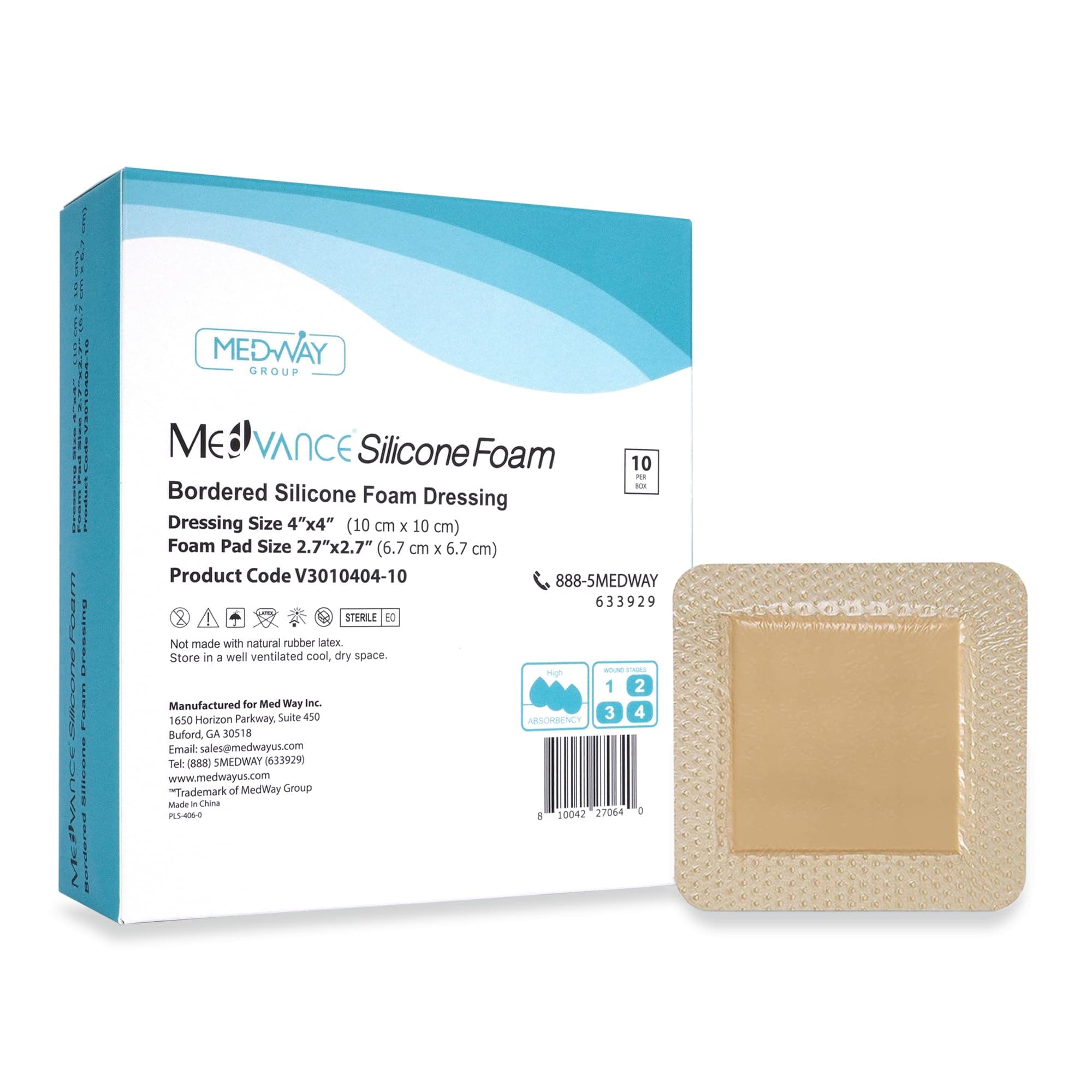TM Silicone - Bordered Silicone Adhesive Foam Dressing Size 4"x4" (2.7"x2.7" pad), Box of 10 dressings