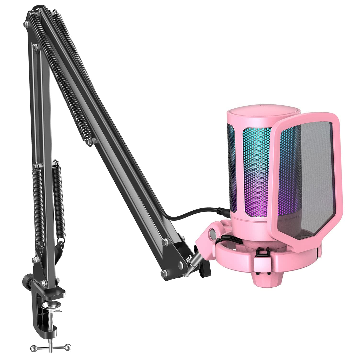 Streaming USB Microphone Kit, PC Gaming Mic Set, Condenser Cardioid RGB Mic for Desktop, Laptop, with Tap-to-Mute, Gain Knob-A6T Pink