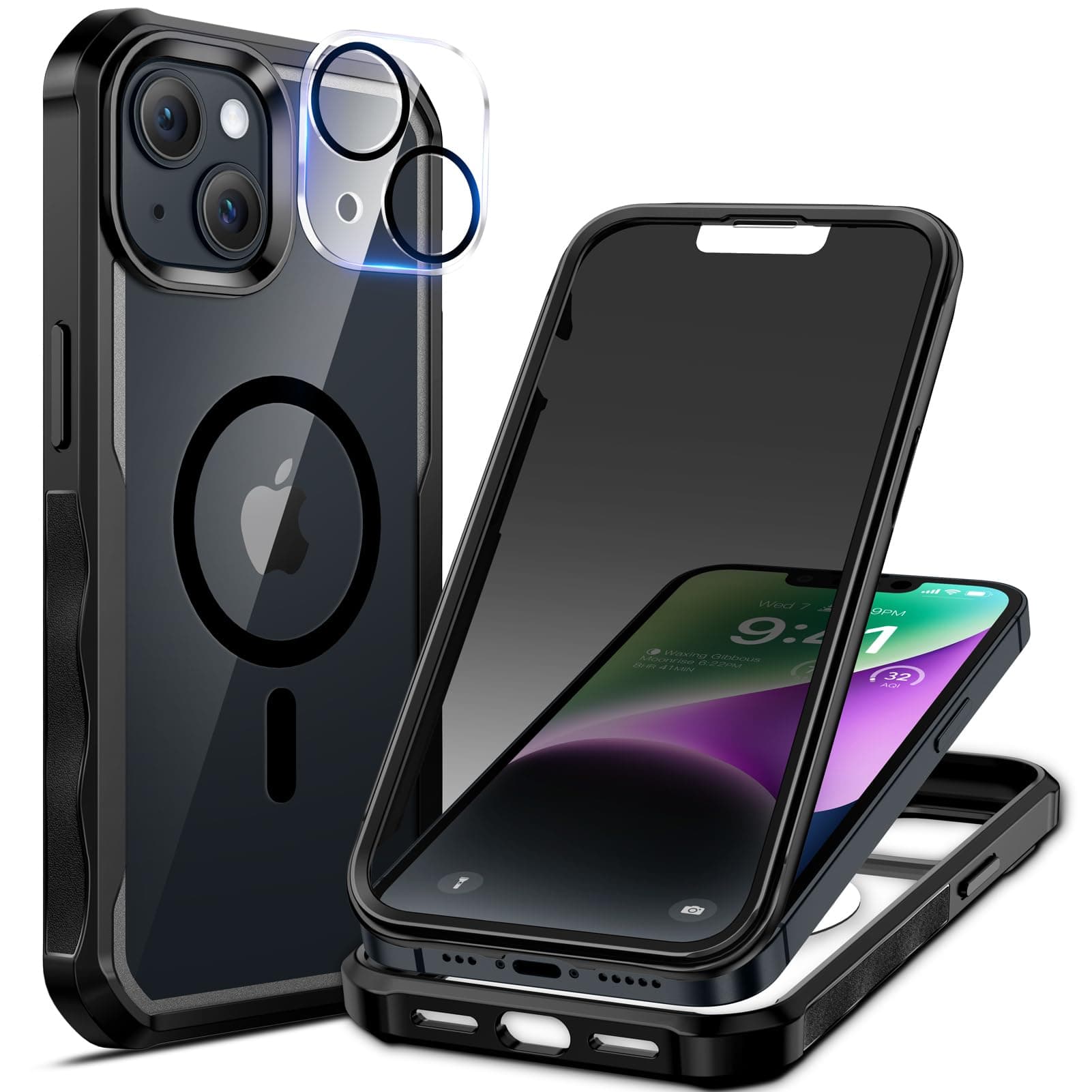 for iPhone 14 Plus Case, Full Body Bumper with Built-in 9H Tempered Glass Privacy Screen Protector and Camera Lens Protector, Compatible with MagSafe, Shockproof Phone Cover, 6.7", Black